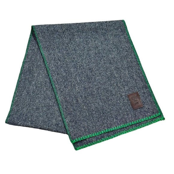 Woolrich Danner Old Growth Tweed Gray Wool Scarf Green Trim 68" x 13" Rectangle
